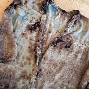 XCVI Women SZ L Tunic 3/4 Sleeve Tie Dye Resort Wear Fringe Trim Boho Hippie